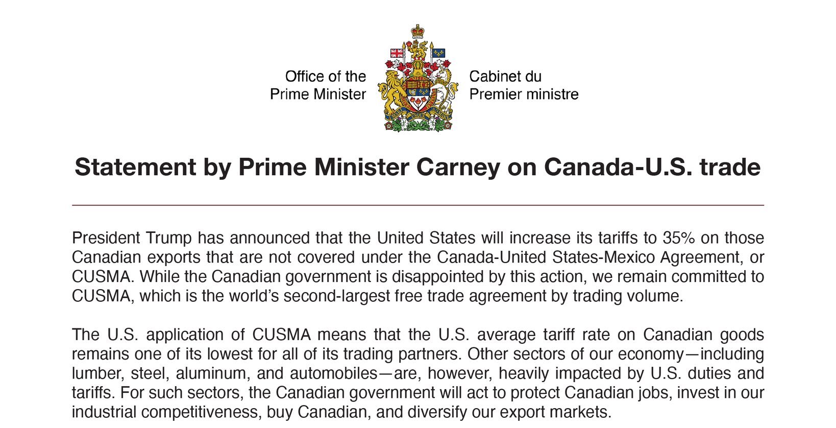 Statement by Prime Minister Carney on Canada-U.S. Trade